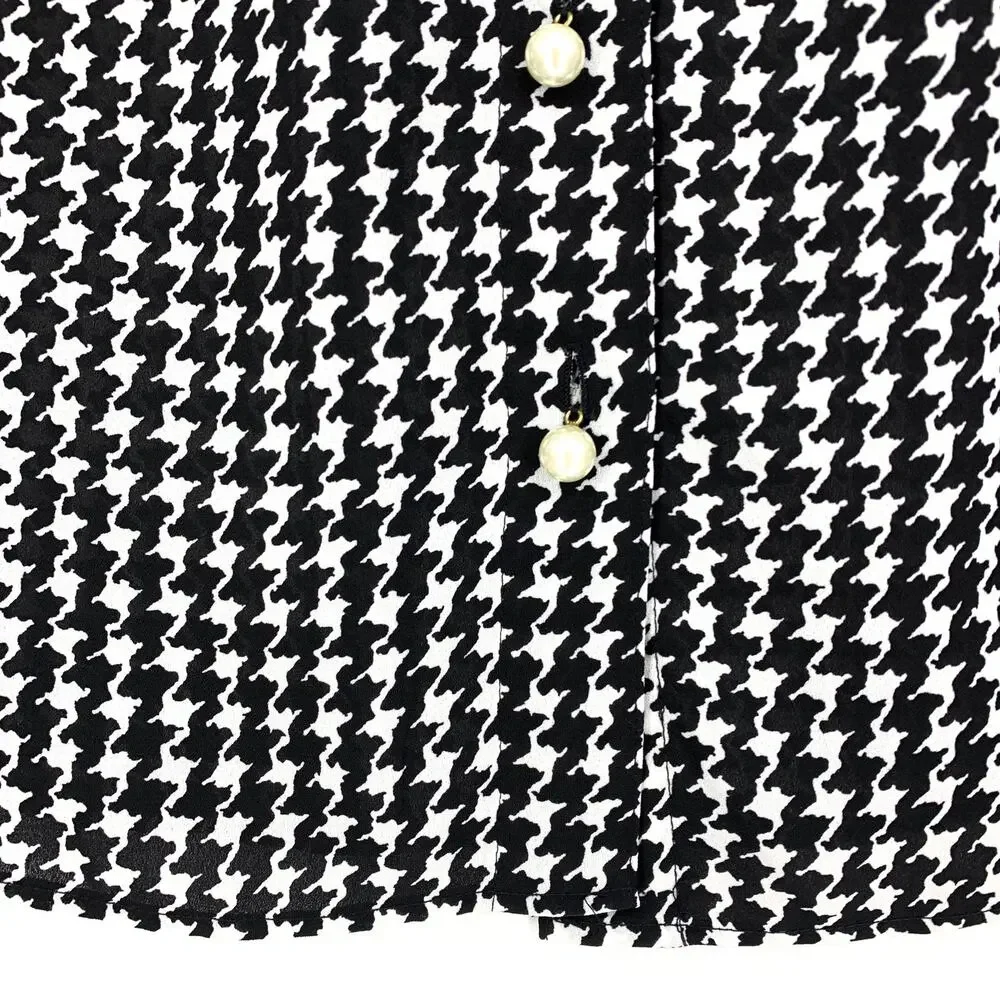 Kate Spade Women's Sz S Dashing Beauty Houndstooth Tie Neck Shirt In Black Cream